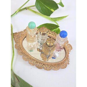 Antique Early 20th Century Gold Perfume Bottle Vanity Set, Filigree Mirror Base